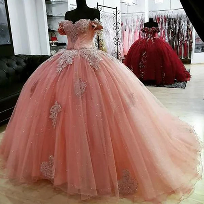 

Blush Floral Appliques Quinceanera Dresses Off Shoulder Ball Gown Womens Beaded Sequins Tulle Corset Back Sweet 16 Dress