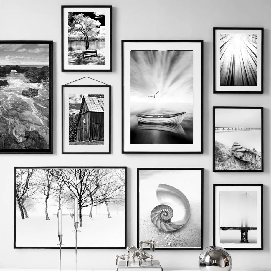 Black White Forest Sea Aurora Bridge Boat Wall Art Canvas Painting Nordic Poster E Stampe Wall Picture Living Room Home Decor