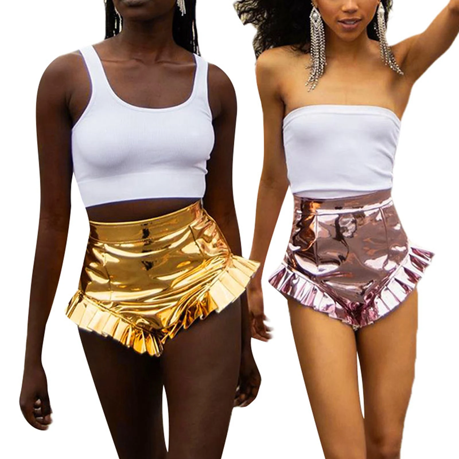 

2021 Women Shiny Metallic Shorts Summer High Waist Solid Color Ruffle Trim Short Pants Summer Leather Shorts with Cuffs