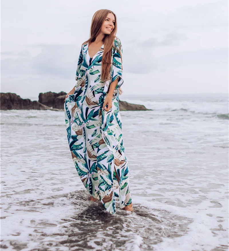 Bohemian Leaves Printed Bikini Cover-ups Loose V-neck Summer Beach Dress Chiffon Tunic Women Beachwear Kaftan Swimsuit Cover Up
