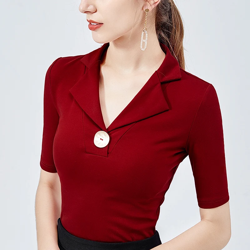 

New Girls Fashion Sheath Chic Button Slim Half Sleeve T shirts Tops Ladies V-neck Solid Tees Shirts For Women