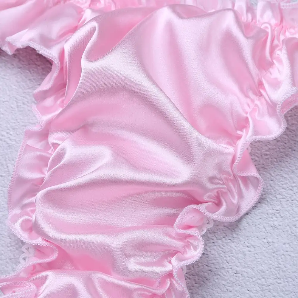 Sexy Men Satin Bikini Briefs Thong Underwear Soft Shiny Ruffled Frilly Sissy Panties High Cut Open Butt Thongs Erotic Lingerie