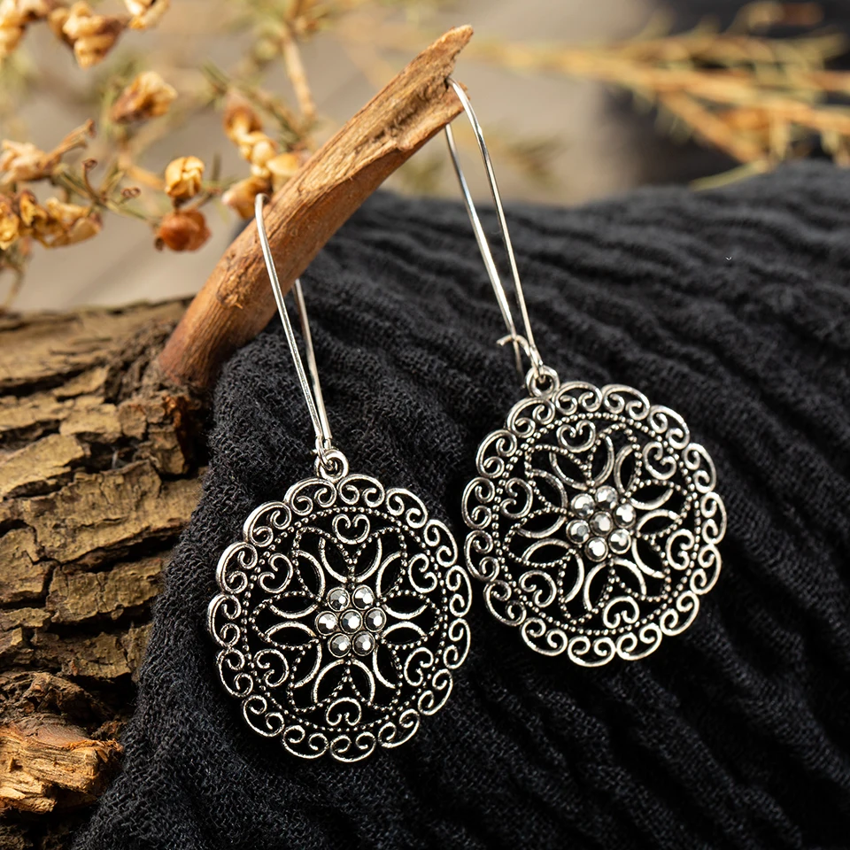 Boho Винтаж Серебряный цвет зеленый круглый Висячие серьги для женщин 2019 модные