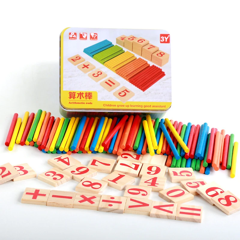 Деревянные детские математические игрушки Счетные палочки раннего Развивающие деревянные игрушка montessori головоломка вычисления игры сенсорными математические игрушки с железный ящик