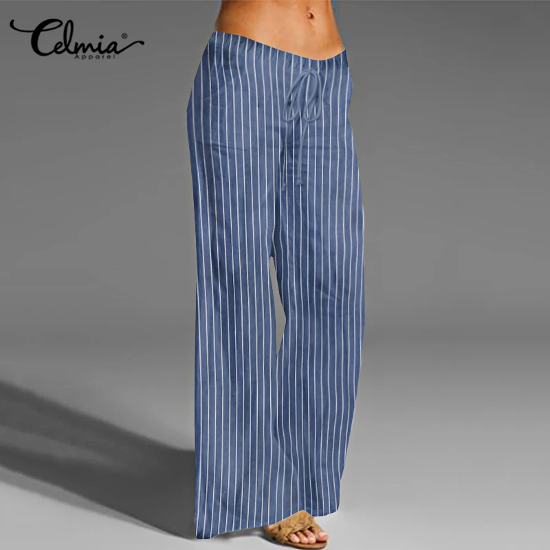 

S-5XL Celmia Oversized Striped Trousers Women Vintage Linen Wide Leg Pant Casual Elastic Waist Loose Long Palazzo Pantalon Femme