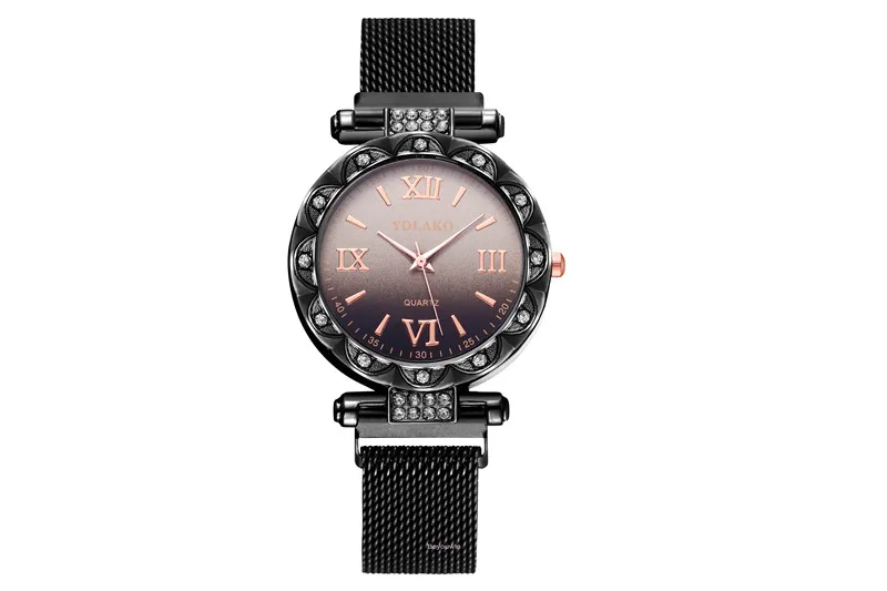 black color belt lady magnetic clasp crystal mesh watch for women hot selling quartz casual wrist watch wholesale clock - Цвет: black