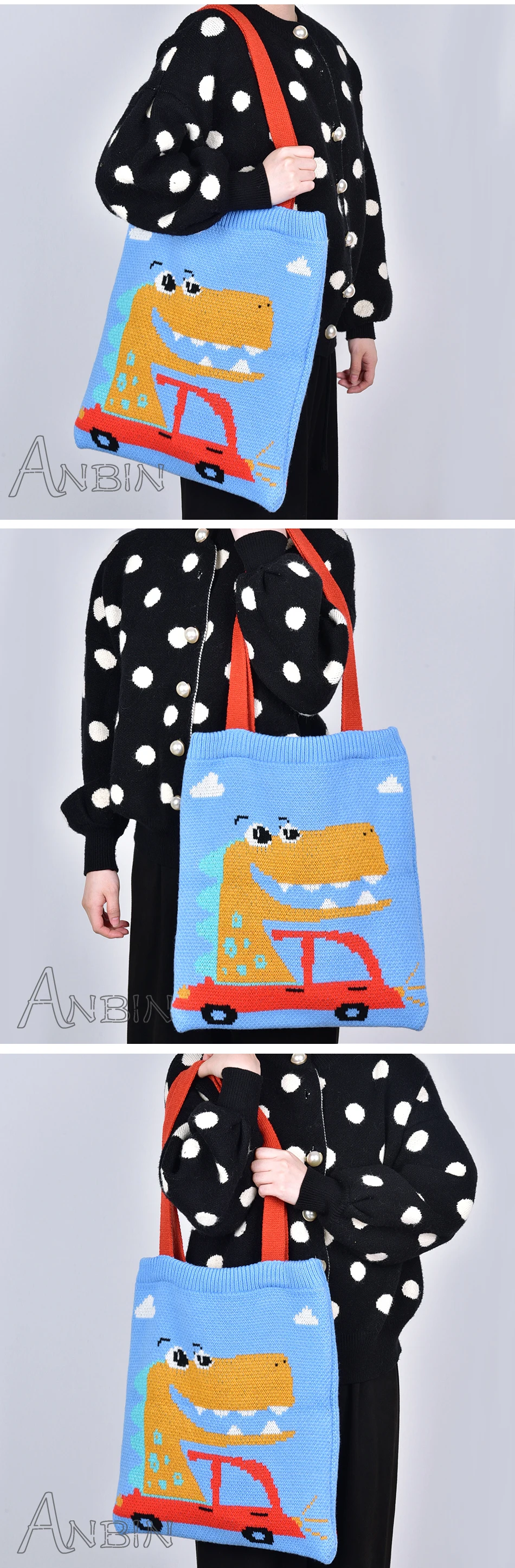 Female Cute Cartoon Dinosaur Top-handle Tote Bag Women Winter Vintage Retro Rural Anime Knitting Kawaii Stylish Green Handbag