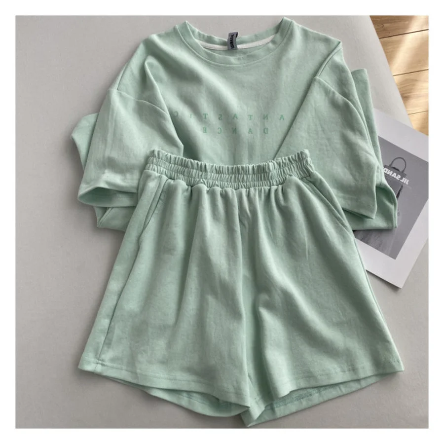 Shorts Sets Summer Cotton Sets Women Casual Two Pieces Short Sleeve T Shirts and High Waist Short Pants Solid Outfits Tracksuit 4