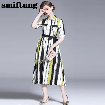 

2020 Nian Summer New Lapel Sleeve Patch Pockets Vertical Striped Lace Long Dresses