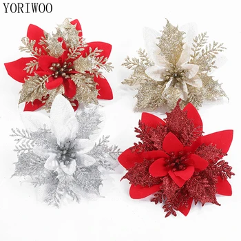 

YORIWOO 1/5/10pcs Merry Christmas Tree Ornament Wedding Artificial Flowers For Home Decoration Xmas Glitter Fake Flower Head DIY