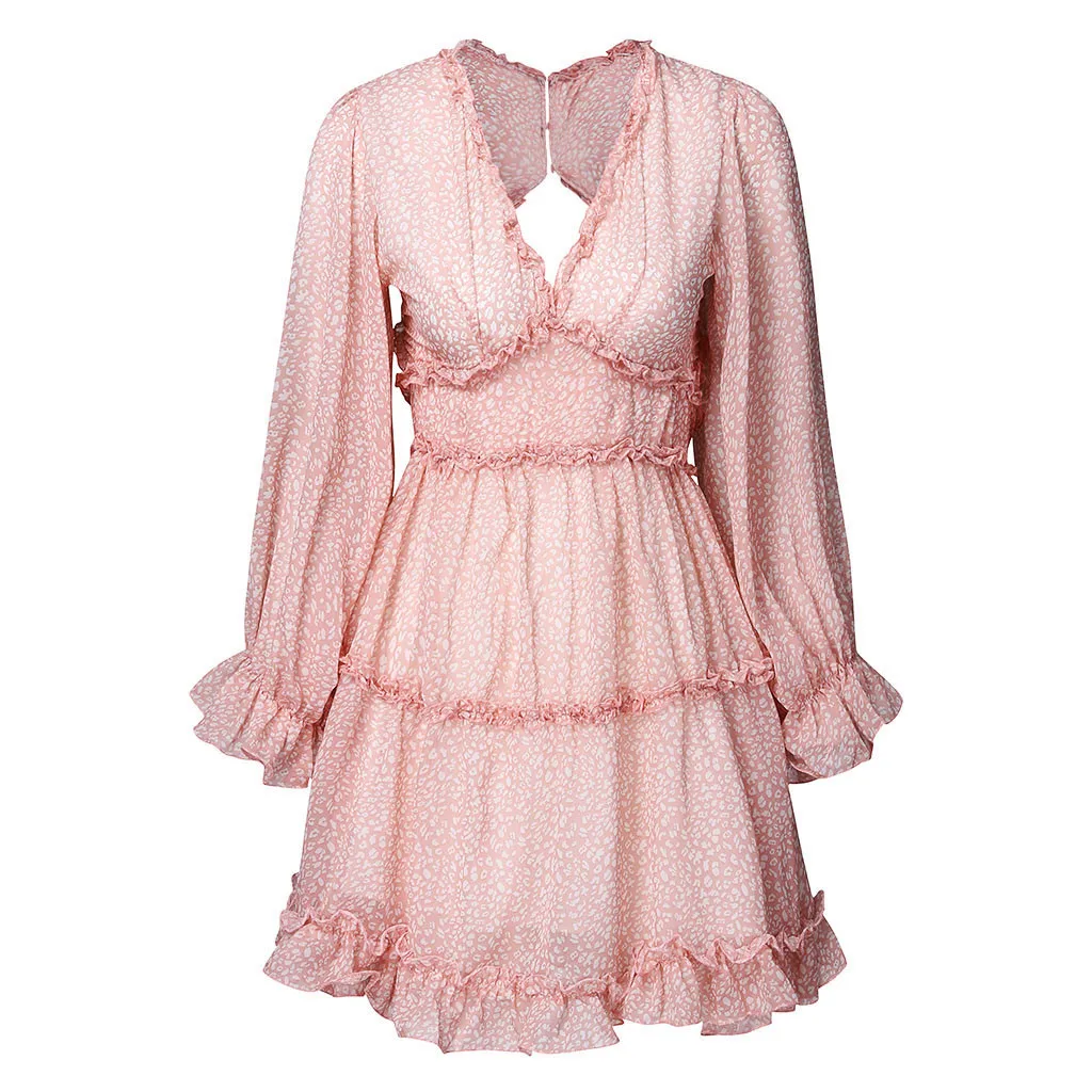 Сексуальное женское осенне-зимнее платье Chiffion Ruffles с длинным рукавом глубокий v-образный вырез вечерние облегающие тонкие одноцветные мини-платья Vestidos# g3
