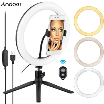 

Andoer 10inch LED Ring Light Video Streaming Kit with Ball Head Mini Tripod Remote Shutter with Phone Holder