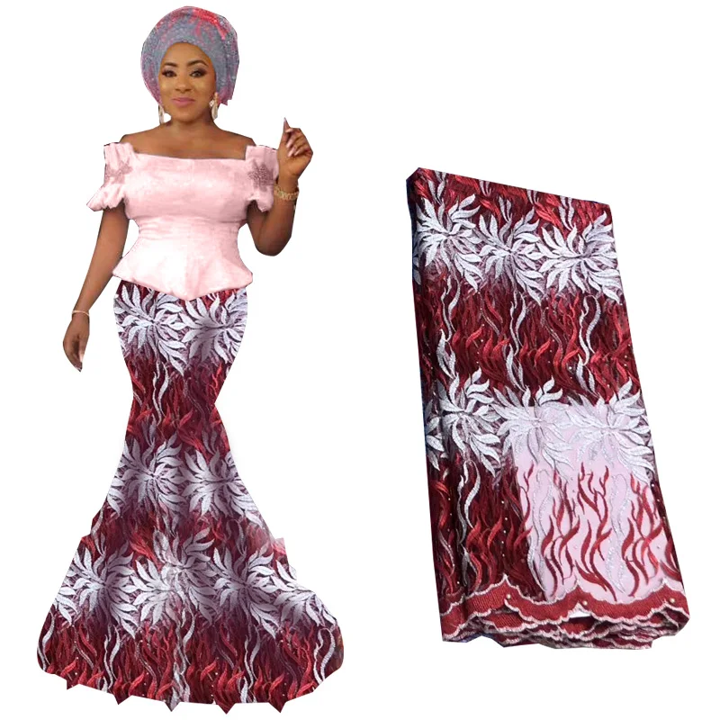 

2019 Latest African Lace Fabric Colour Mixed French Nigerian Tulle Lace fabric with Beads For Wedding Dresses 5 Yards