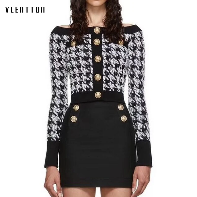 

Autumn Winter Plaid Tweed Pullovers Sweater Women Metal Button Sexy Slash Neck Bright Silk Wool Short Tops Female Sueter Mujer