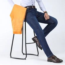 Зимние новые мужские теплые джинсы деловые повседневные эластичные плотные тонкие джинсовые штаны брендовые черные брюки