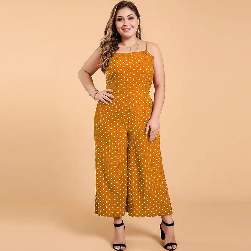 DOIB Women Polka Dot Rompers Red Bow Tie Spaghetti Strap Plus Size Playsuit Summer Wide Leg Large Size Jumpsuits 6XL