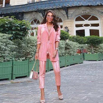

High Fashion Sequined Pink Women Suits Women Classy Autumn Long Sleeve Straight Top Qulity Single Button Two Piece Sets 2019