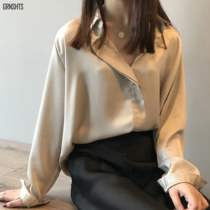

Autumn Women 2020 Satin Vintage Blouses Plus Size Loose Shirts Long Sleeve Blouse OL V Neck Elegant Imitation Silk Blouse