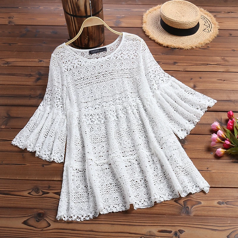 

Women Lace Blouse Bohemian Patchwork Summer Tops 2019 ZANZEA Stylish 3/4 Flare Sleeve Shirts Female Blusas Femininas Woman Tunic