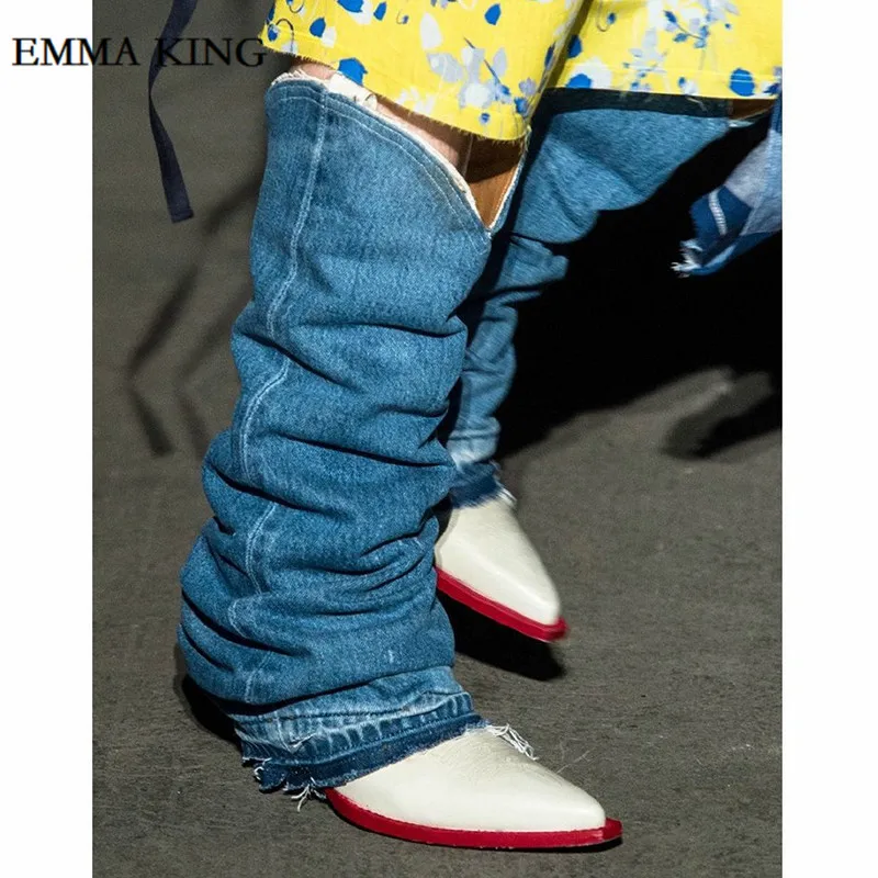 white Emma king/женские ковбойские сапоги в западном стиле; осенне-зимние женские джинсовые сапоги до середины икры на высоком массивном каблуке; Bottine; рыцарские высокие сапоги - Цвет: white