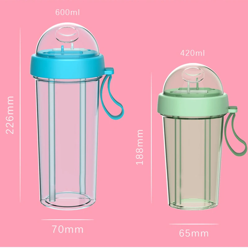 420/600 ml Dual-use Water Bottle Portable Large Capacity Double Straw Drinking Glass Leakproof with Handle Double Cup tasse H99F
