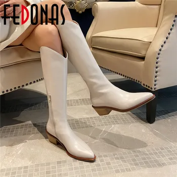 

FEDONAS Genuine Leather Platform Booties Woman Side Zipper Thick Heels Knee High Boots For Women Working Casual Tight High Boots