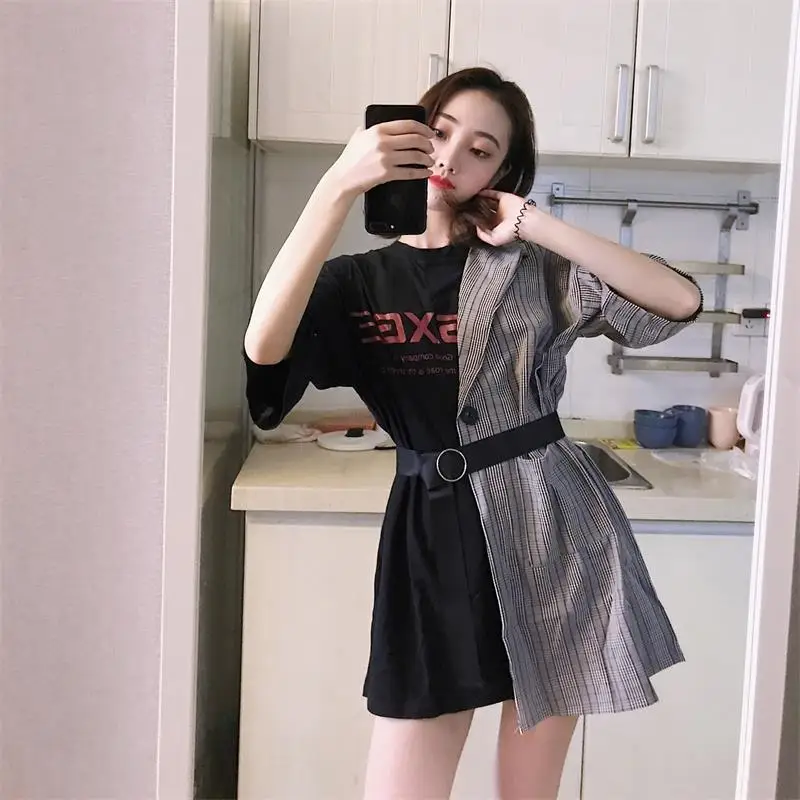 Новая клетчатая прошитая фальшивая 2 шт. платье с буквенным принтом женская