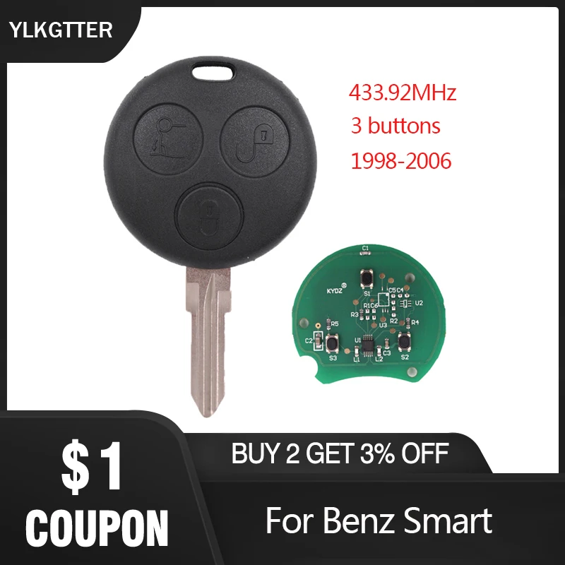 YLKGTTER 433.92MHz 3 buttons Remote Key for Mercedes-Benz Smart Fortwo Forfour Roadster City Coupe Crossblade Cabrio 1998-2006 | Автомобили
