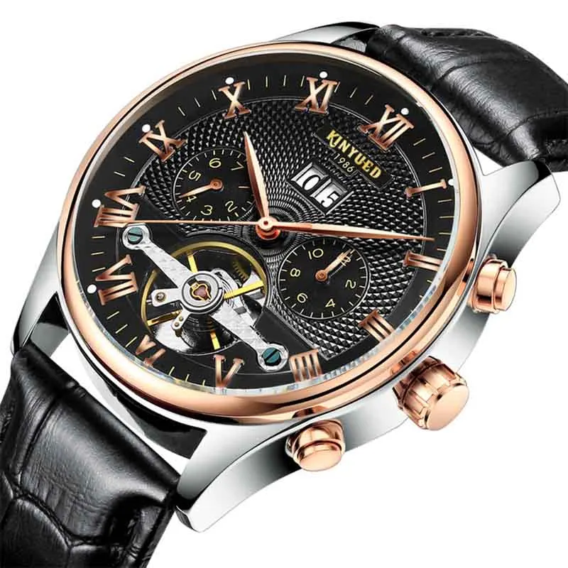 Black Leather Band KINYUED, мужские механические часы с турбийоном, водонепроницаемые, автоматические часы со скелетом, мужские часы, Relojes Hombre, Прямая поставка - Цвет: Black Leather Band