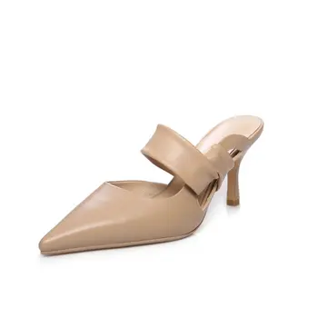 

Women Slippers Mules Genuine Leather 7.5cm High Heels Slippers Elegant Party Pointed Toe Summer Shoes Size 40