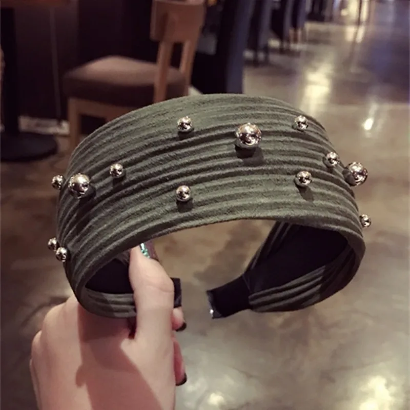 

Handmade Vintage Fabric Headband Beaded Large Wide Side Turbans Hair Hoops Solid Color Hairband Headbands for Lady Women