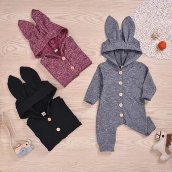 

Baby Rompers Autumn Infant Girls Boys Long Sleeve Romper Cute Solid Color Rabbit Shape With Ear And Button Comfortable Hoodie
