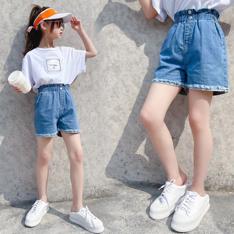 Pantalones cortos de algodón con dos botones niña adolescente, ropa de cintura alta para niño, pantalones cortos vaqueros de estilo informal para escuela - AliExpress Madre y niños