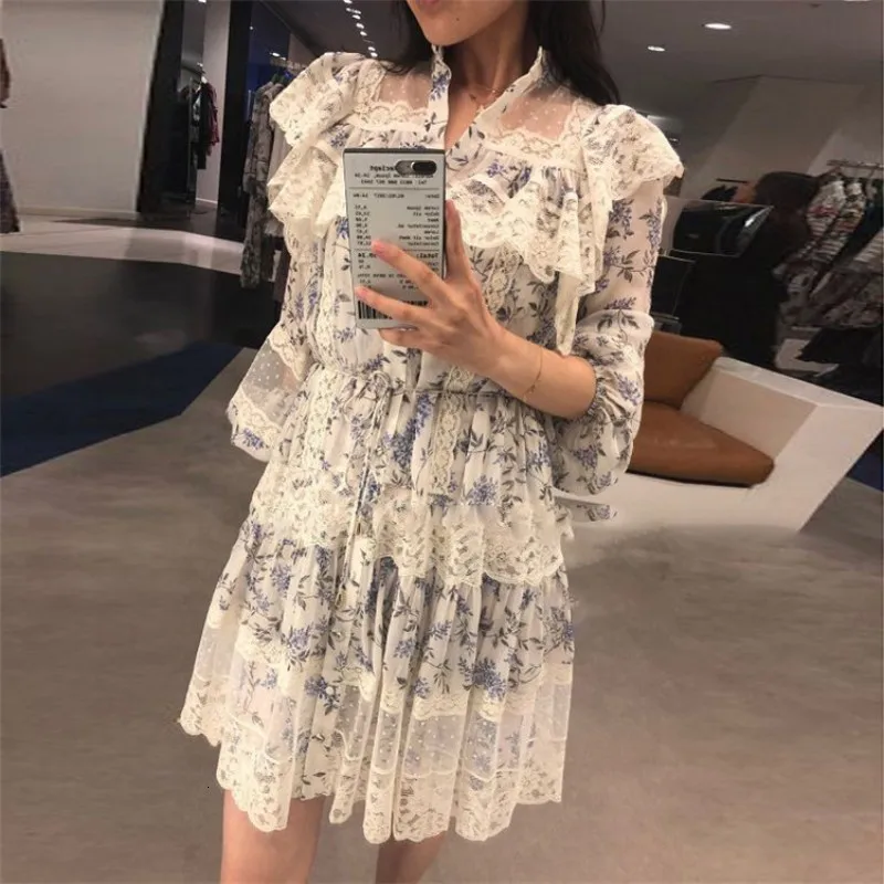 High Quality Womens Long Sleeve Lace Patchwork Floral Printing Ruffles Dresses Waist Lantern Female Chiffon | Женская одежда