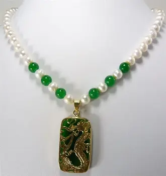 

fine green natural jade & mixed white pearl necklace +lucky dragon pendant 8mm