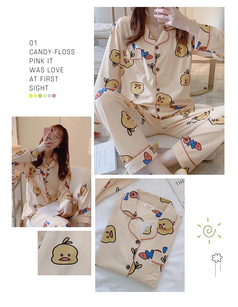 CAIYIER Autumn Winter New Sleepwear Set Women Turn-down Collar Pajamas Cute Cartoon Pattern Button Top+Pants Leisure Home Wear