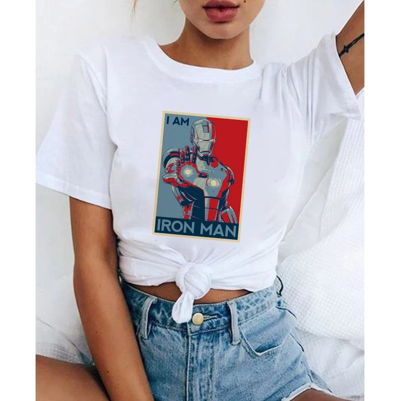 

LUS LOS Ironman Marvel T Shirt Women Short Sleeve The Avengers Tshirt Graphic Tee Shirts Female Cotton White T-shirt Streetwear