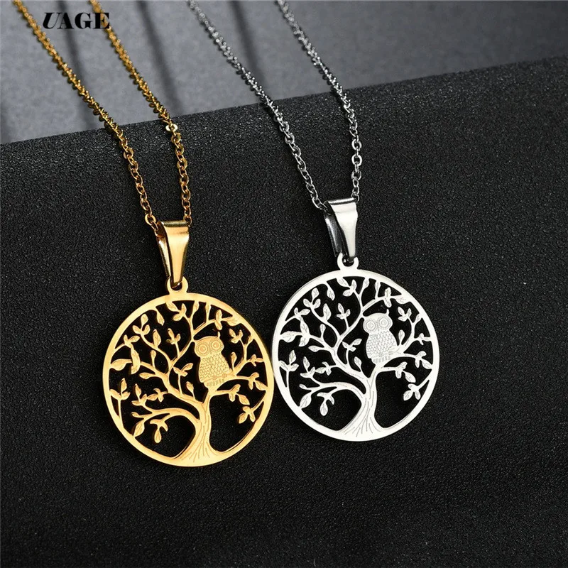 UAGE Gold Silver Color Tree of life Owl Necklace Big Round Pendant Chain For Women Statement Jewelry Gifts Classic | Украшения и