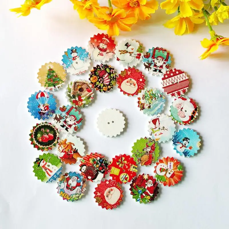 

New 20/50PCs 24mm Mixed Wooden Buttons Christmas Pattern buttons Sewing and Scrapbook botones decorativos