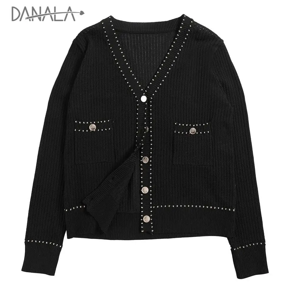 

DANALA 2019 Autumn New Sweater Cardigan For Women Fashion V-neck Pocket Single-breasted Jacket