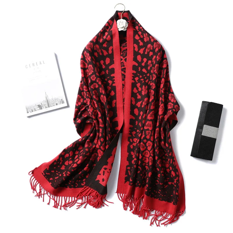 Леопардовый принт, вязаные кашемировые шарфы с кисточками, женский зимний толстый теплый шерстяной платок, шаль, пашминовый палантин, пончо, бандана