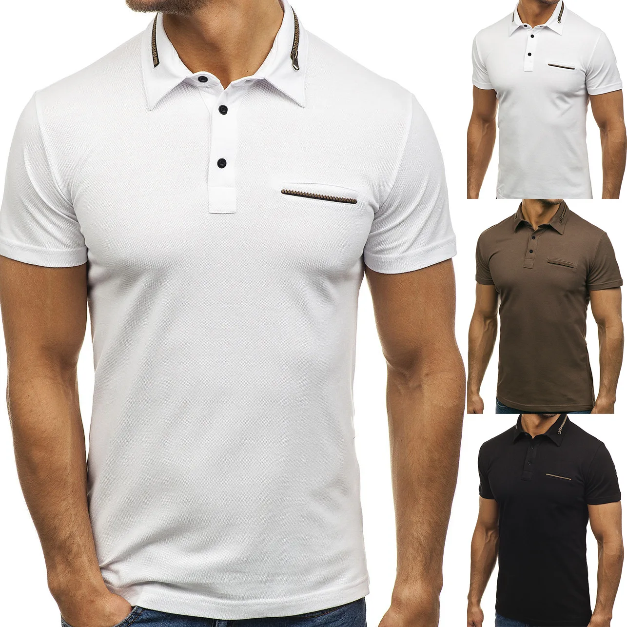 

2019 New Style Fold-down Collar Men's Polo Shirt Pocket Mixed Colors Men Casual Short-sleeved Polo Shirt