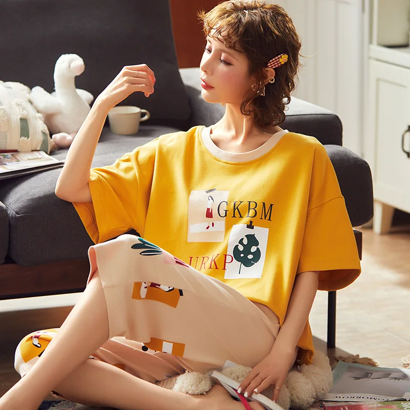 Пижамный костюм женские летние хлопковые укороченные шорты с короткими рукавами