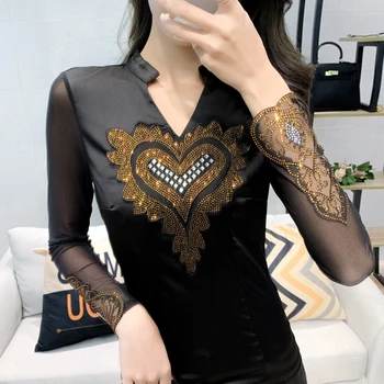 

Ladies shirt 2020 spring new slim V-neck Korean mesh shirts fashion long sleeve T-shirt women mesh top fashion t shirt clothes