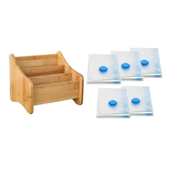 

1Pcs 3 Grid Bamboo Remote Control Storage Box Office Desktop Storage Box & 9Pcs Vacuum Storage Bag