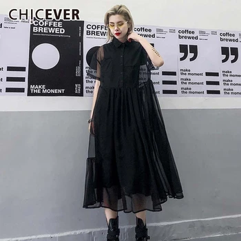

CHICEVER Vintage Two Piece Set Women Lapel Collar Short Sleeve Mesh Dress Tank Sleeveless Midi Dresses Suits Female 2020 Clothes