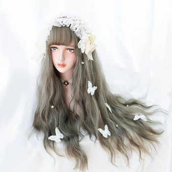 

LUPU Cosplay Lolita Wig 30" Long Wavy Wig With Bangs Cute Cyan Gray Synthetic Wigs For Women American African Heat Resistant