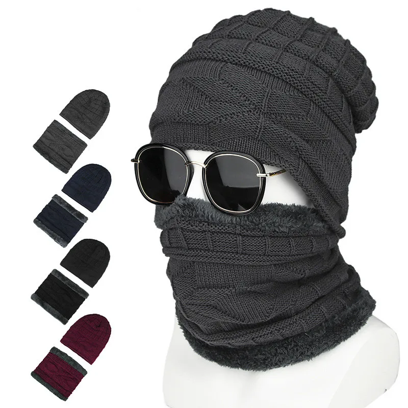 Зимняя теплая вязаная шапка с шарфом набор Skullies Beanies для мужчин/wo Мужская спортивная шапка набор