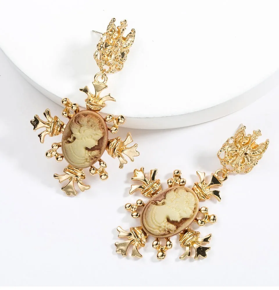 JOUVAL Court Portrait Girl Vintage Drop Earrings For Women Baroque Gold Alloy Big Dangle Handmade Earings Female Jewelry Brincos