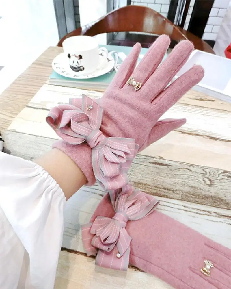 Striped Bow Cashmere Gloves Korean Ladies Winter Gloves Fashion Cute Touch Screen Five Finger Cashmere Warm Women A431 cashmere women gloves